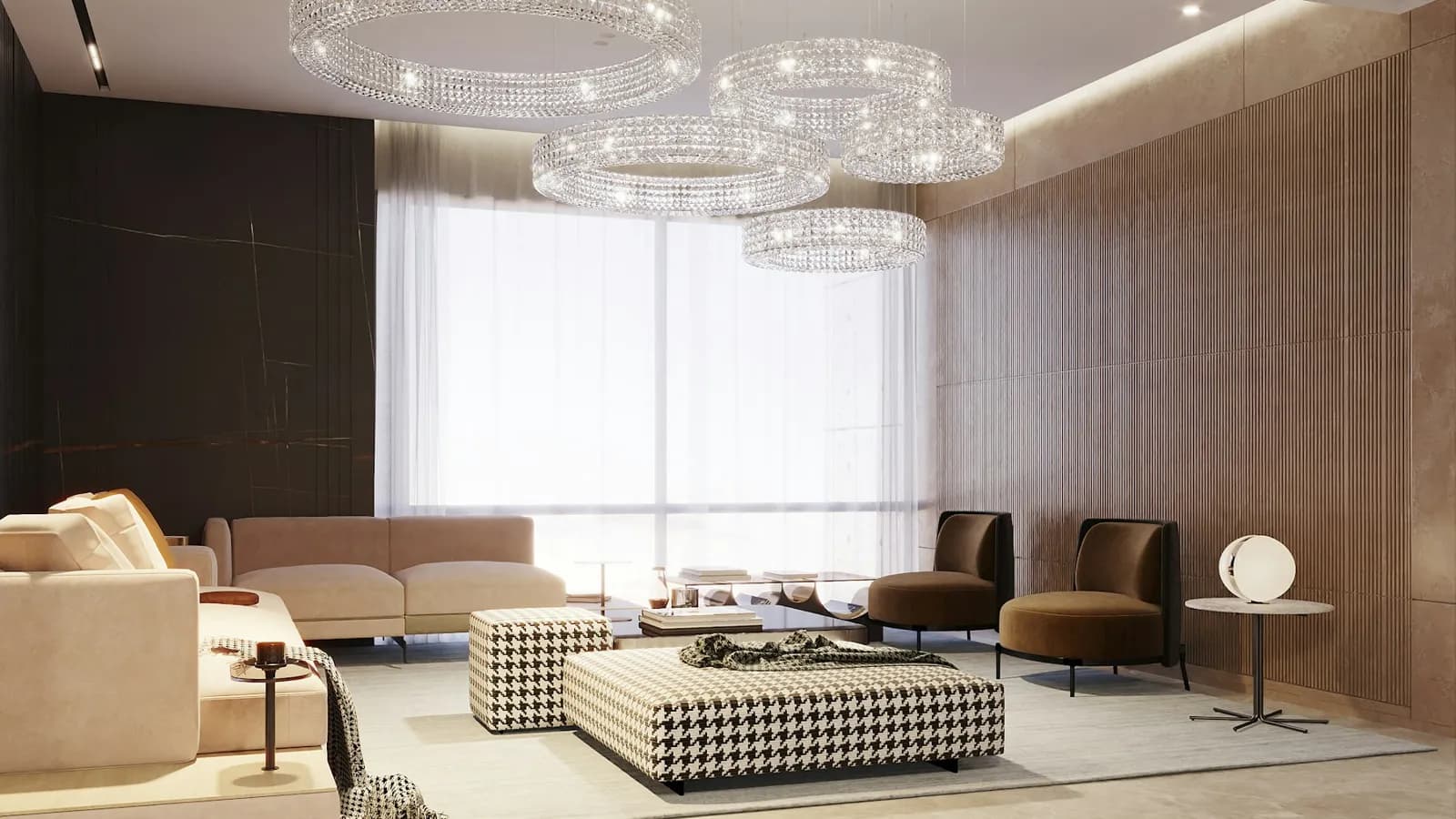 Modern lounge with crystal ring chandeliers